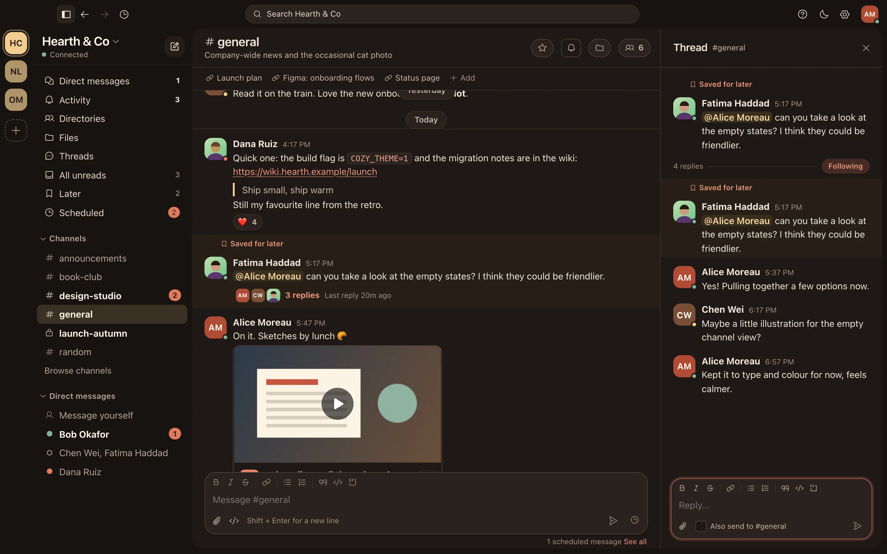 The Relaytic app: a busy team channel with a file preview and reactions, a conversation thread open on the right, and the list of channels and direct messages.