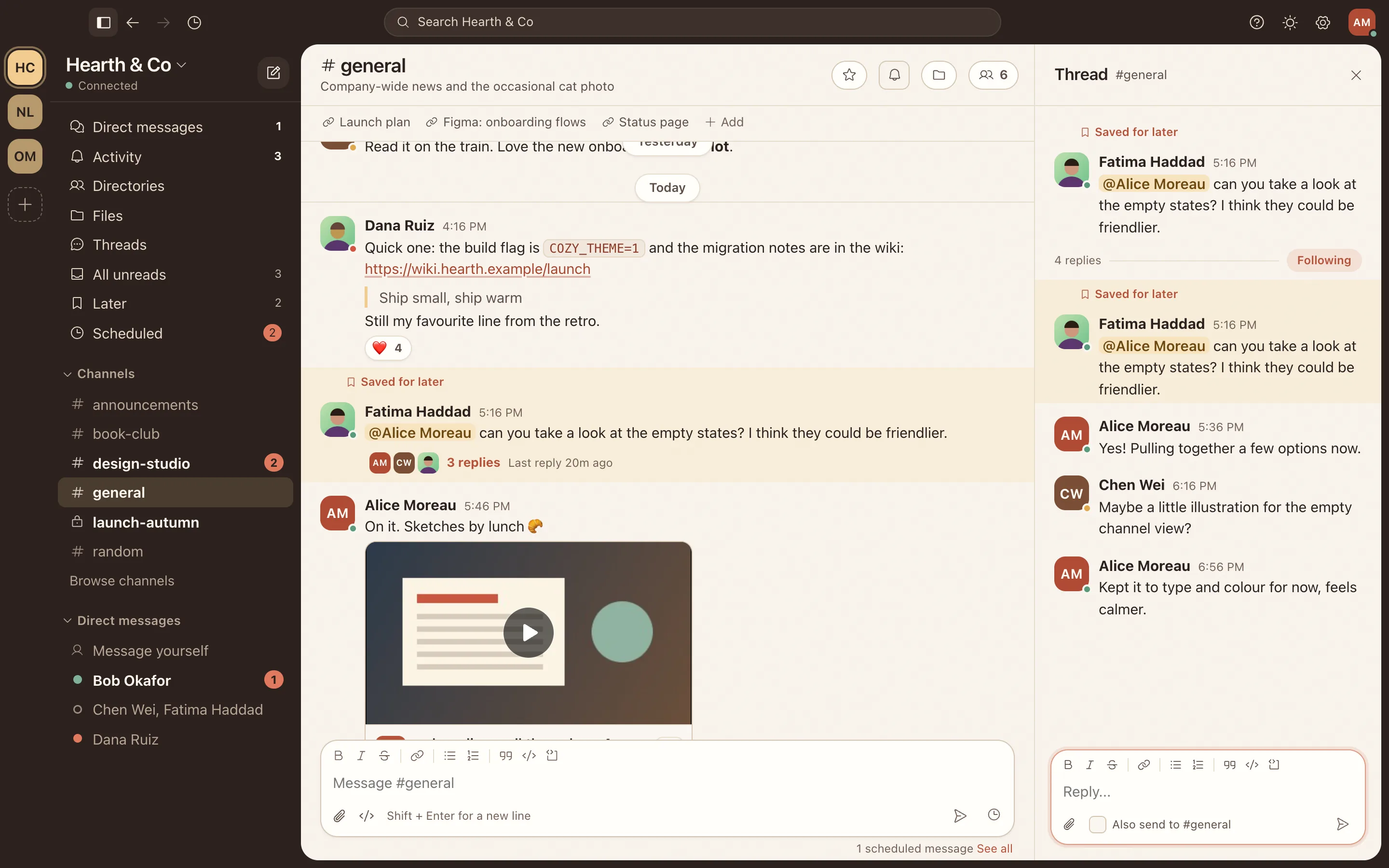 The Relaytic app: a busy team channel with a file preview and reactions, a conversation thread open on the right, and the list of channels and direct messages.