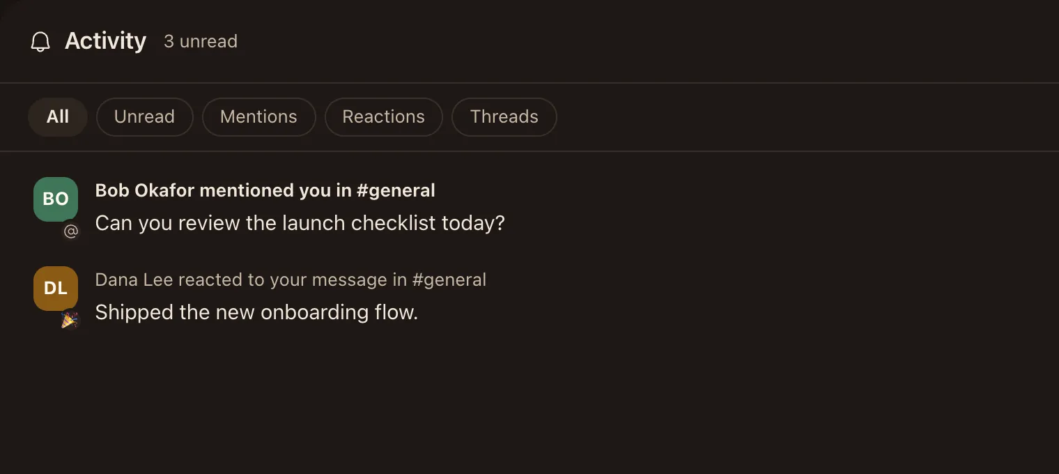 Activity: a mention and a reaction waiting for you.
