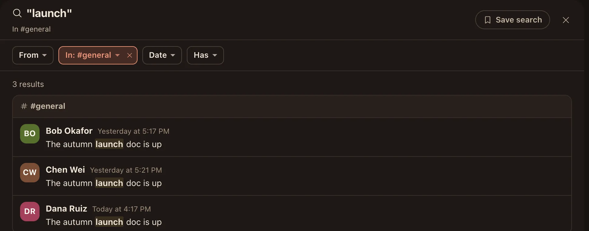Search results for the word launch in one channel.