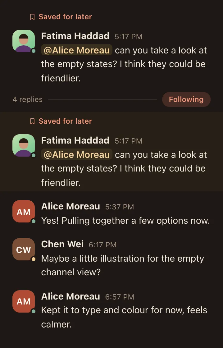 A conversation thread open beside a channel, with replies from the team.