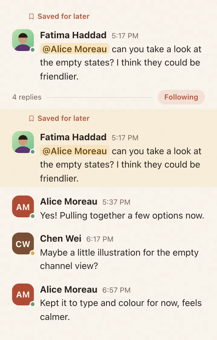 A conversation thread open beside a channel, with replies from the team.
